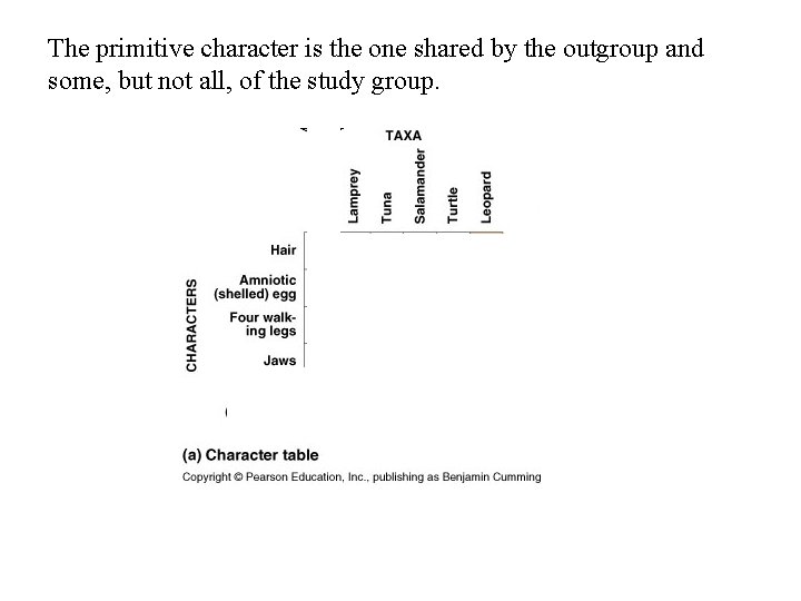 The primitive character is the one shared by the outgroup and some, but not