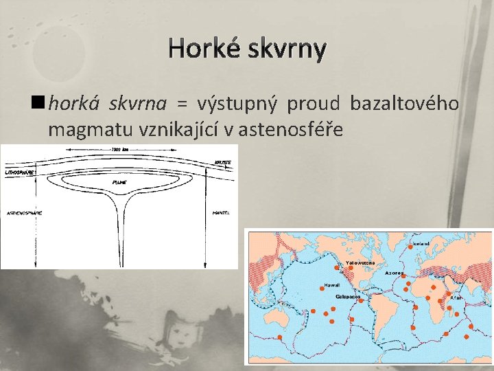 Horké skvrny n horká skvrna = výstupný proud bazaltového magmatu vznikající v astenosféře 