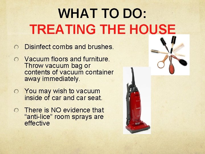 WHAT TO DO: TREATING THE HOUSE Disinfect combs and brushes. Vacuum floors and furniture.