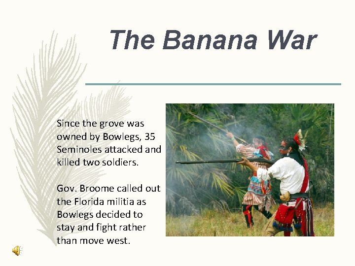 The Banana War Since the grove was owned by Bowlegs, 35 Seminoles attacked and The Banana War Since the grove was owned by Bowlegs, 35 Seminoles attacked and