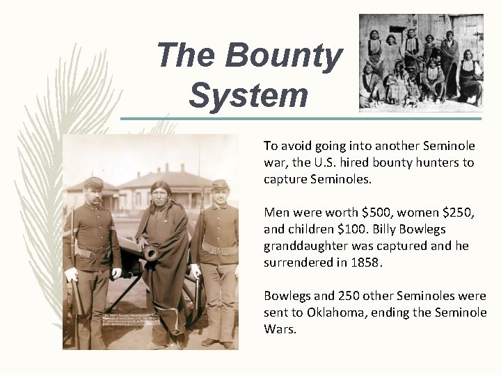 The Bounty System To avoid going into another Seminole war, the U. S. hired The Bounty System To avoid going into another Seminole war, the U. S. hired