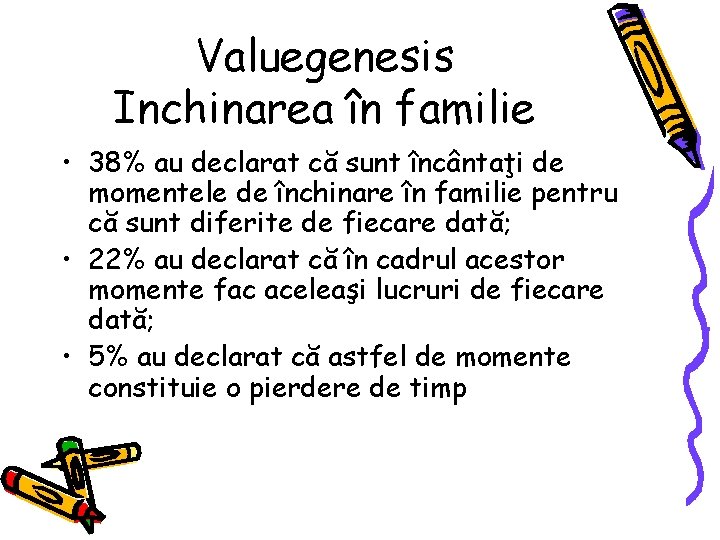 Valuegenesis Inchinarea în familie • 38% au declarat că sunt încântaţi de momentele de