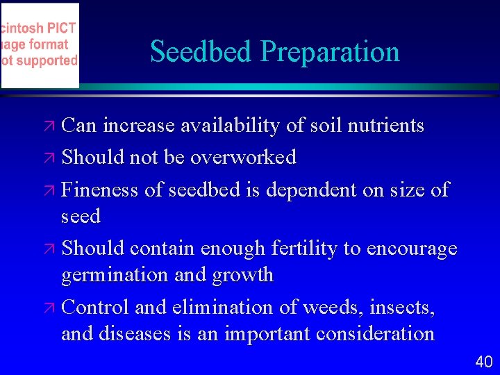 Seedbed Preparation Can increase availability of soil nutrients Should not be overworked Fineness of