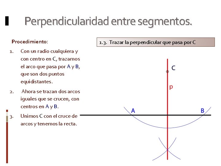 Perpendicularidad entre segmentos. Procedimiento: 1. Con un radio cualquiera y con centro en C,