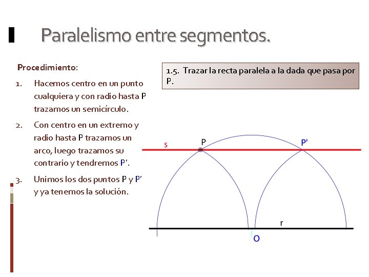 Paralelismo entre segmentos. Procedimiento: 1. Hacemos centro en un punto cualquiera y con radio
