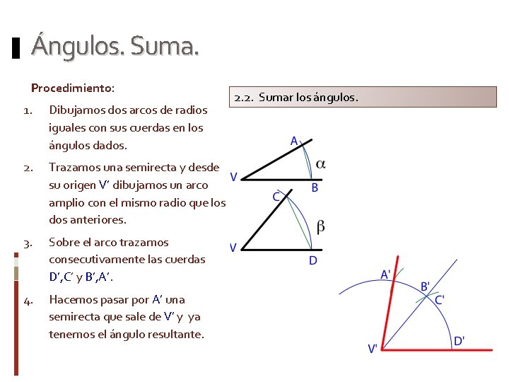 Ángulos. Suma. Procedimiento: 1. Dibujamos dos arcos de radios iguales con sus cuerdas en
