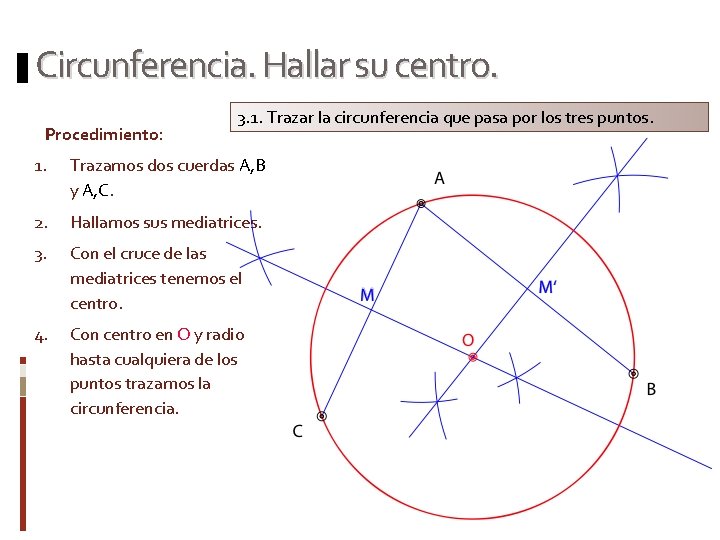 Circunferencia. Hallar su centro. Procedimiento: 3. 1. Trazar la circunferencia que pasa por los