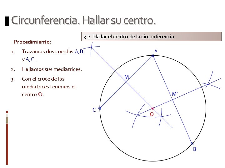 Circunferencia. Hallar su centro. Procedimiento: 1. Trazamos dos cuerdas A, B y A, C.