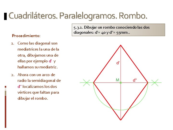 Cuadriláteros. Paralelogramos. Rombo. Procedimiento: 1. Como las diagonal son mediatrices la una de la