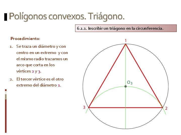 Polígonos convexos. Triágono. 6. 1. 1. Inscribir un triágono en la circunferencia. Procedimiento: 1.