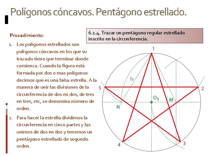 Polígonos cóncavos. Pentágono estrellado. Procedimiento: 6. 1. 4. Trazar un pentágono regular estrellado inscrito