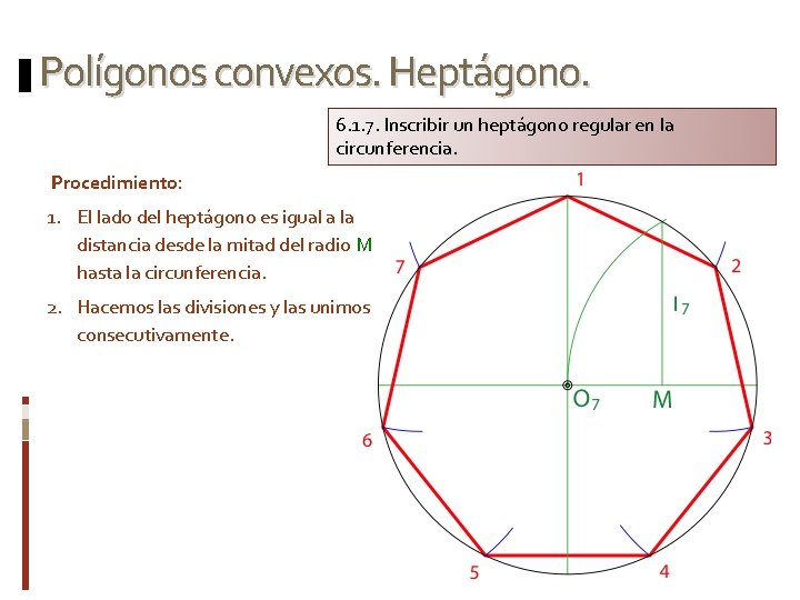 Polígonos convexos. Heptágono. 6. 1. 7. Inscribir un heptágono regular en la circunferencia. Procedimiento: