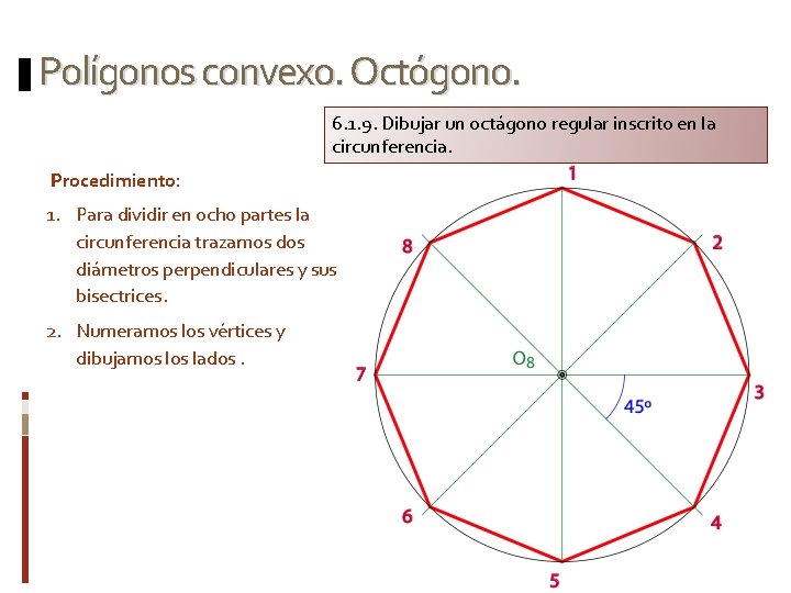 Polígonos convexo. Octógono. 6. 1. 9. Dibujar un octágono regular inscrito en la circunferencia.