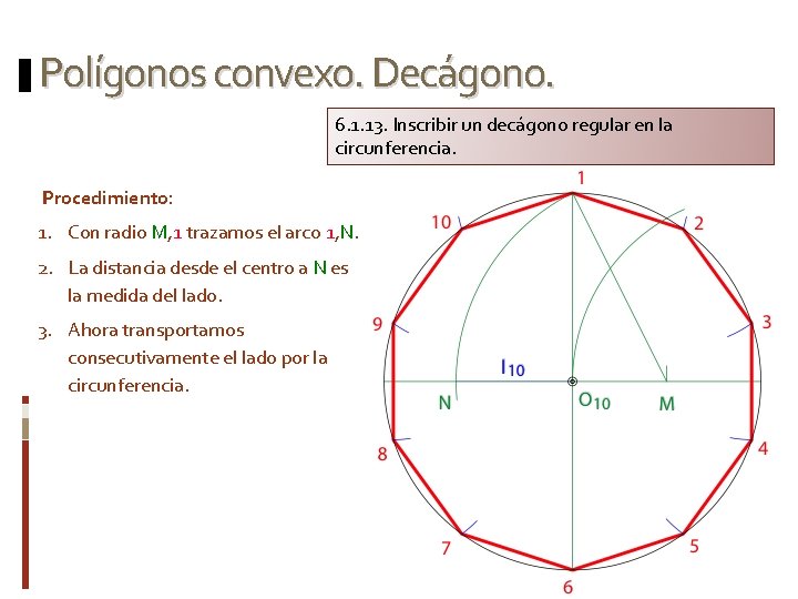 Polígonos convexo. Decágono. 6. 1. 13. Inscribir un decágono regular en la circunferencia. Procedimiento: