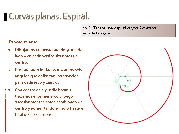 Curvas planas. Espiral. 12. 8. Trazar una espiral cuyos 6 centros equidistan 5 mm.