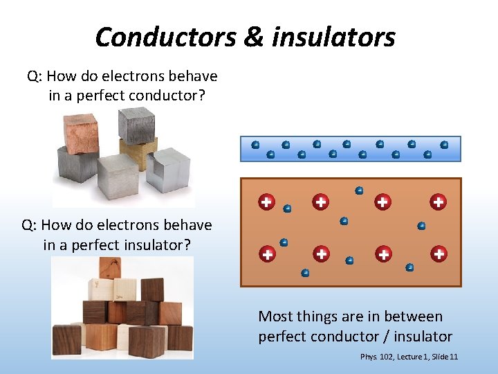 Conductors & insulators Q: How do electrons behave in a perfect conductor? – –