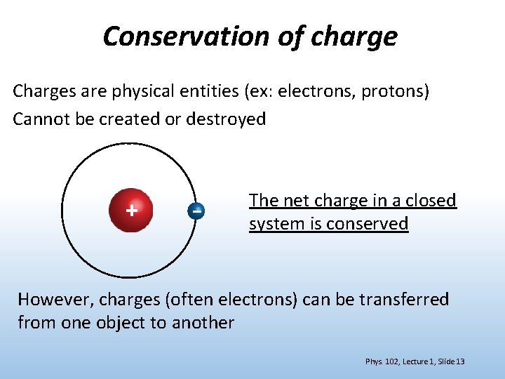 Conservation of charge Charges are physical entities (ex: electrons, protons) Cannot be created or