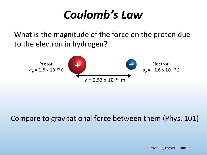 Coulomb’s Law What is the magnitude of the force on the proton due to