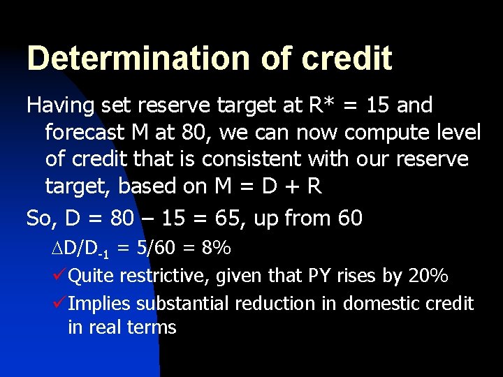 Determination of credit Having set reserve target at R* = 15 and forecast M