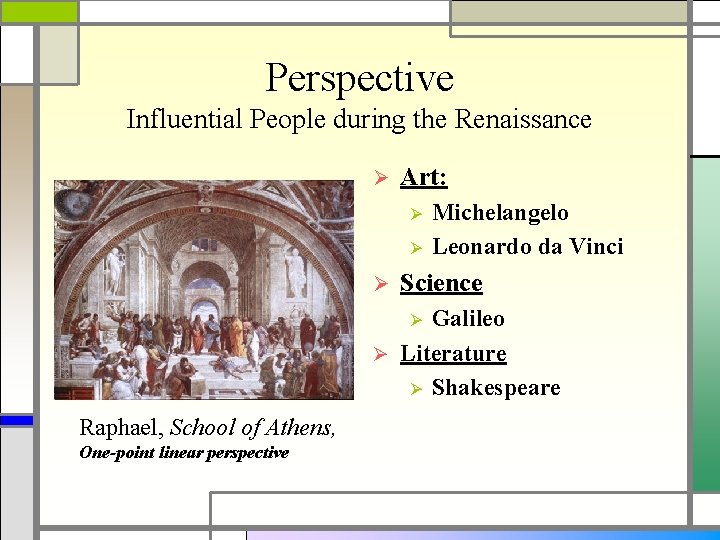 Perspective Influential People during the Renaissance Ø Art: Ø Ø Ø Michelangelo Leonardo da