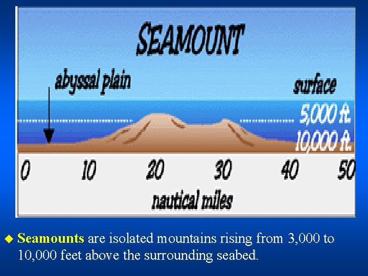 u Seamounts are isolated mountains rising from 3, 000 to 10, 000 feet above