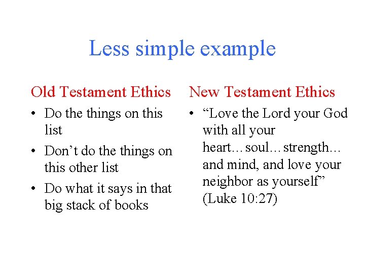 Less simple example Old Testament Ethics New Testament Ethics • Do the things on