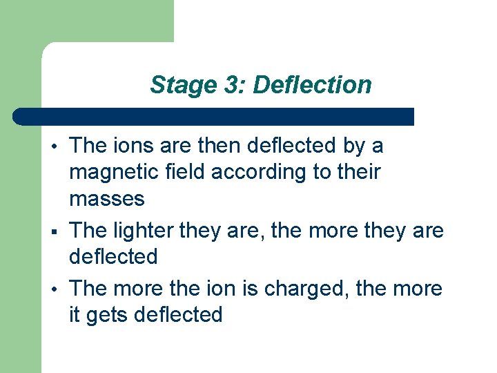 Stage 3: Deflection • The ions are then deflected by a magnetic field according