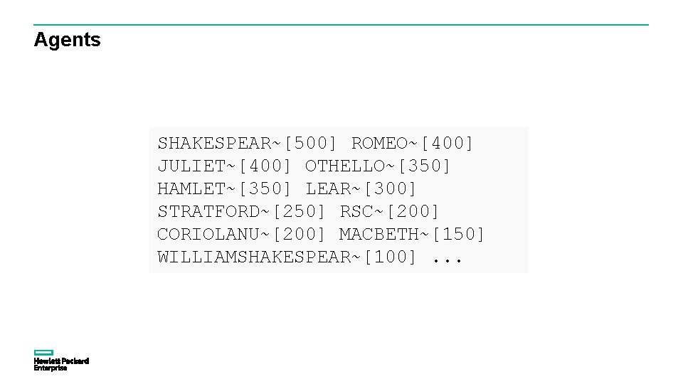 Agents SHAKESPEAR~[500] ROMEO~[400] JULIET~[400] OTHELLO~[350] HAMLET~[350] LEAR~[300] STRATFORD~[250] RSC~[200] CORIOLANU~[200] MACBETH~[150] WILLIAMSHAKESPEAR~[100]. . .