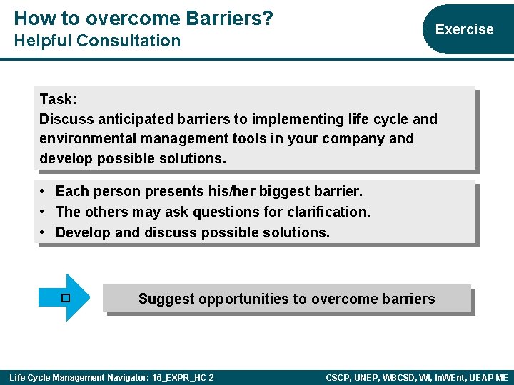 How to overcome Barriers? Exercise Helpful Consultation Task: Discuss anticipated barriers to implementing life