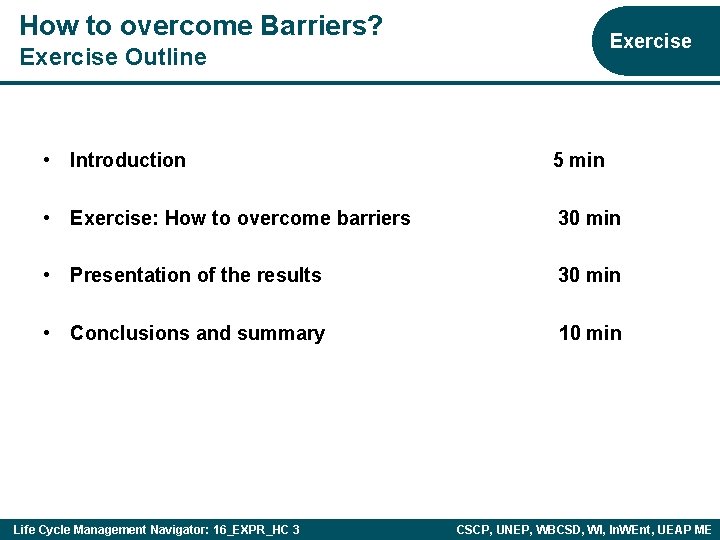 How to overcome Barriers? Exercise Outline • Introduction 5 min • Exercise: How to