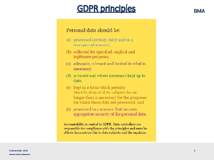 GDPR principles 03 November 2020 ©British Medical Association 4 