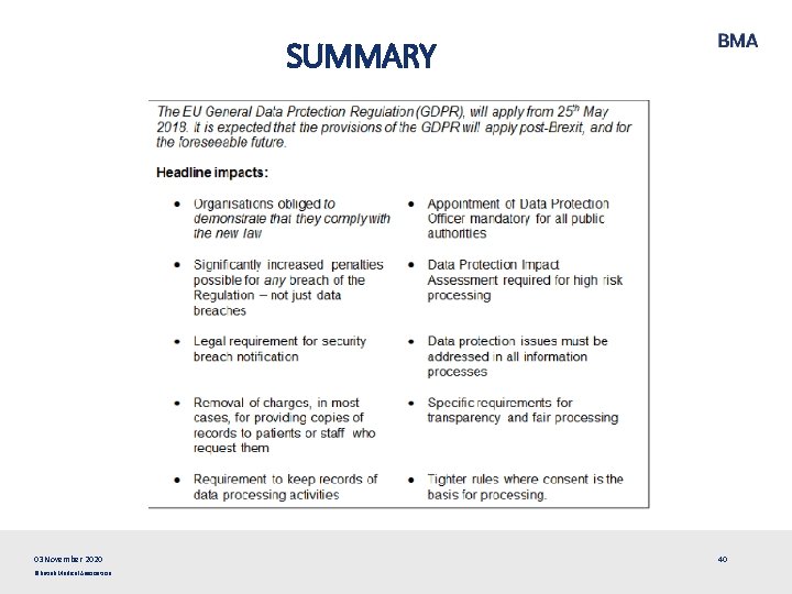 SUMMARY 03 November 2020 ©British Medical Association 40 