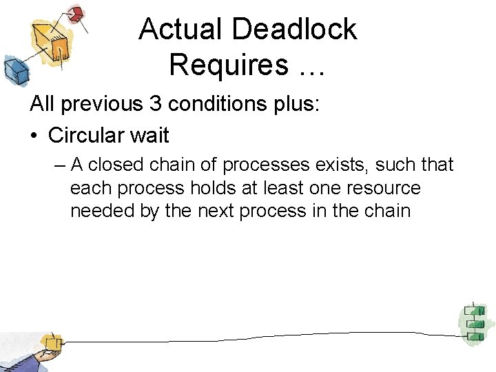 Actual Deadlock Requires … All previous 3 conditions plus: • Circular wait – A