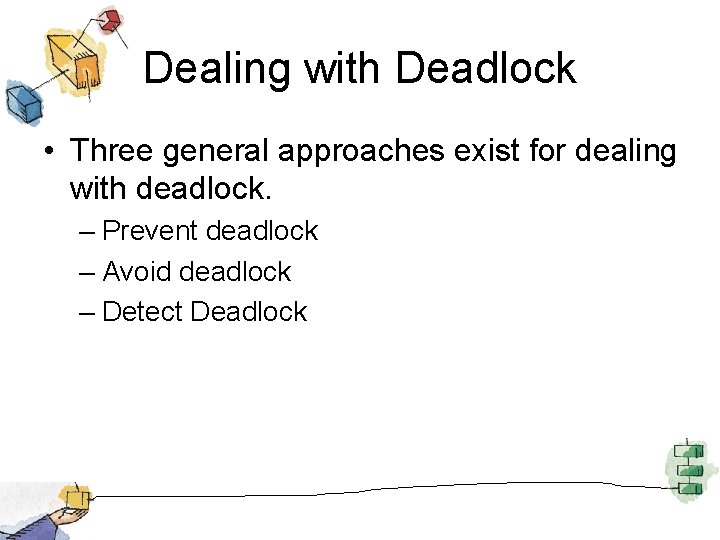 Dealing with Deadlock • Three general approaches exist for dealing with deadlock. – Prevent
