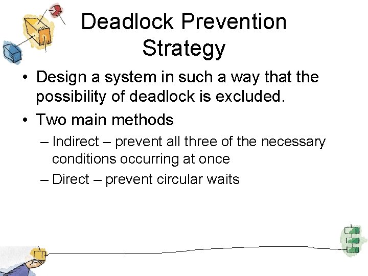 Deadlock Prevention Strategy • Design a system in such a way that the possibility