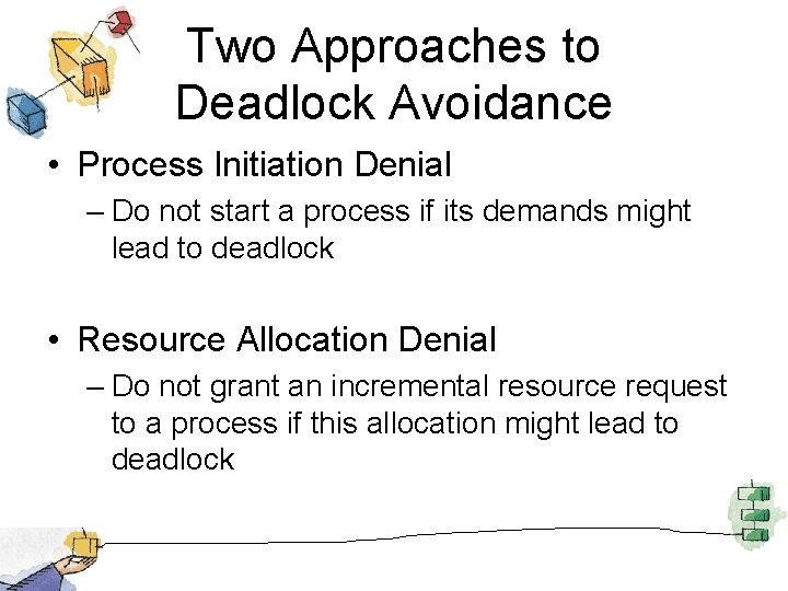 Two Approaches to Deadlock Avoidance • Process Initiation Denial – Do not start a