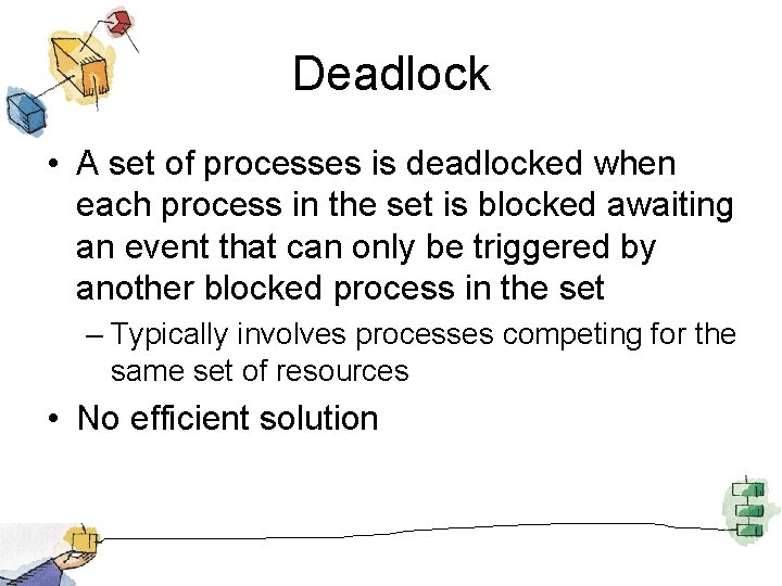 Deadlock • A set of processes is deadlocked when each process in the set