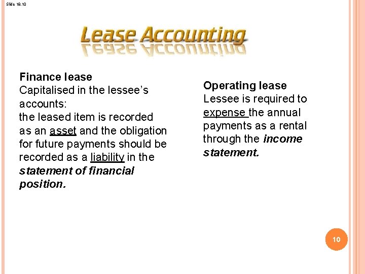 Slide 18. 10 Finance lease Capitalised in the lessee’s accounts: the leased item is