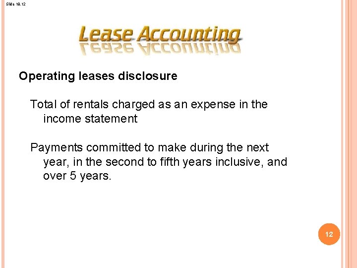 Slide 18. 12 Operating leases disclosure Total of rentals charged as an expense in