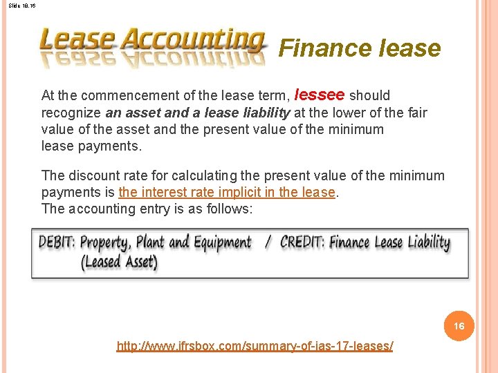 Slide 18. 16 Finance lease At the commencement of the lease term, lessee should