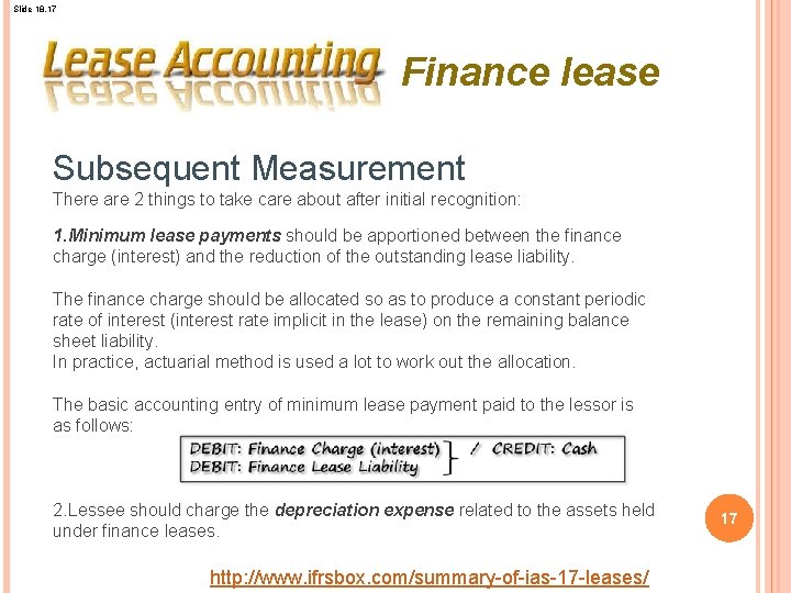 Slide 18. 17 Finance lease Subsequent Measurement There are 2 things to take care