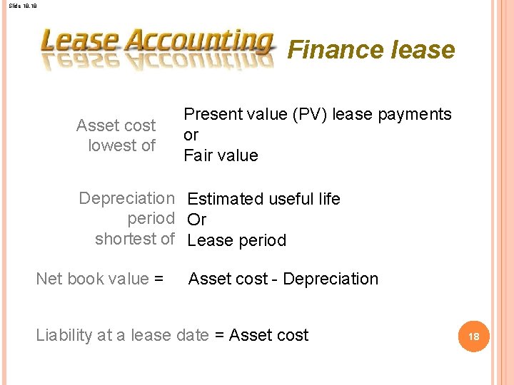 Slide 18. 18 Finance lease Asset cost lowest of Present value (PV) lease payments