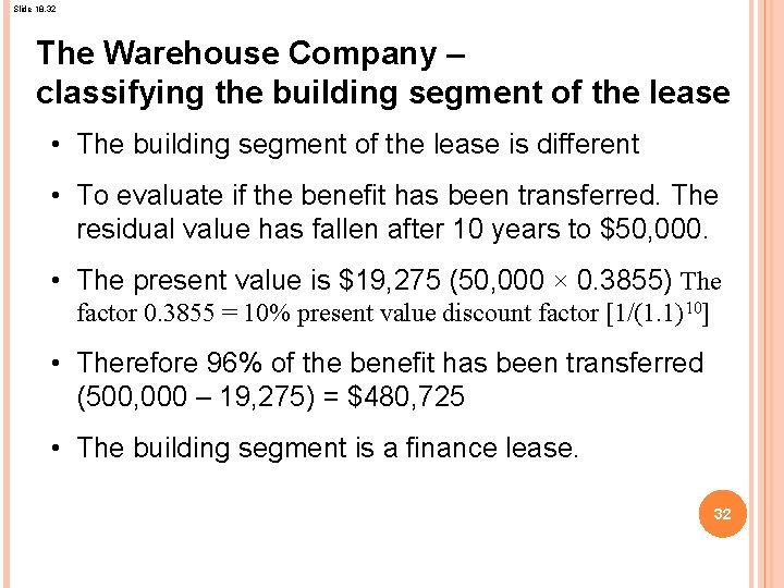 Slide 18. 32 The Warehouse Company – classifying the building segment of the lease