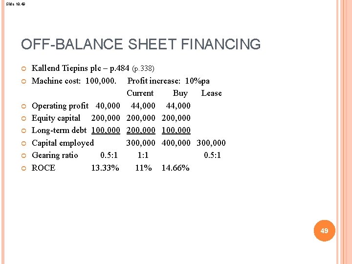 Slide 18. 49 OFF-BALANCE SHEET FINANCING Kallend Tiepins plc – p. 484 (p. 338)