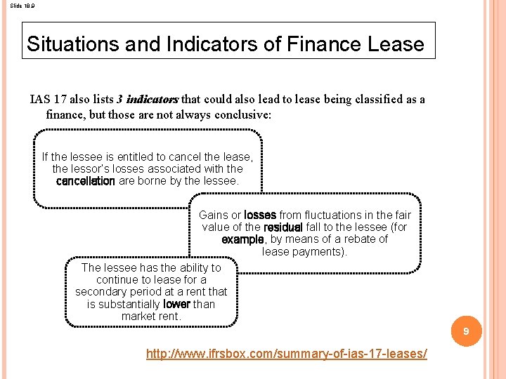 Slide 18. 9 Situations and Indicators of Finance Lease IAS 17 also lists 3