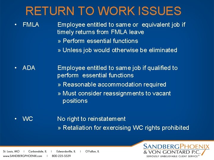 RETURN TO WORK ISSUES • FMLA Employee entitled to same or equivalent job if