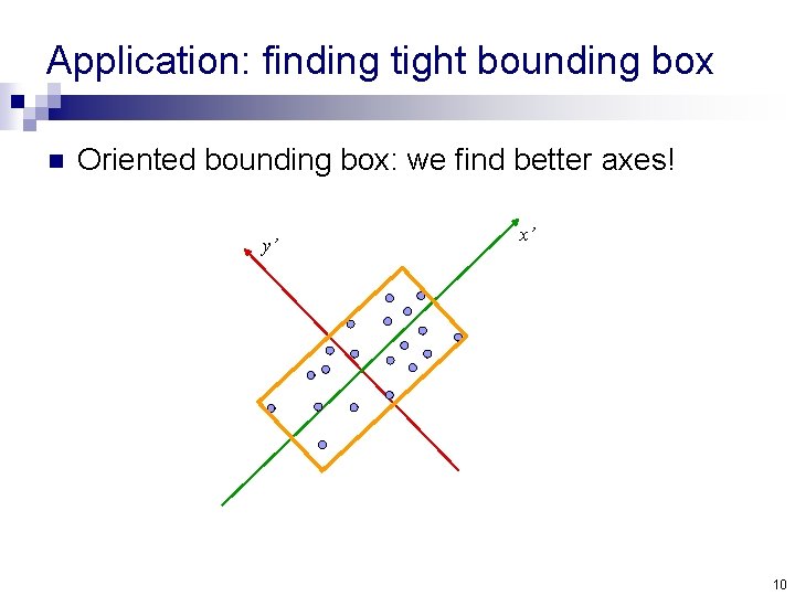 Application: finding tight bounding box n Oriented bounding box: we find better axes! y’