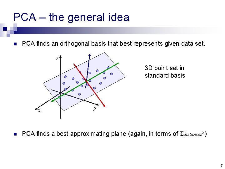 PCA – the general idea n PCA finds an orthogonal basis that best represents