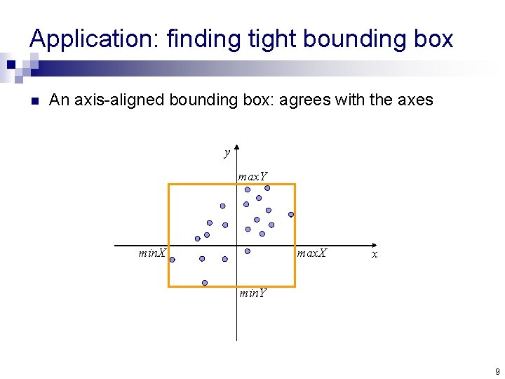Application: finding tight bounding box n An axis-aligned bounding box: agrees with the axes