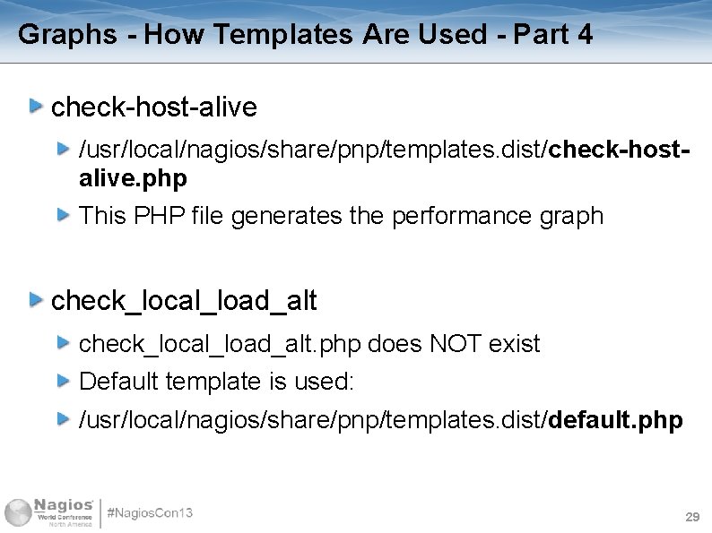 Graphs - How Templates Are Used - Part 4 check-host-alive /usr/local/nagios/share/pnp/templates. dist/check-hostalive. php This